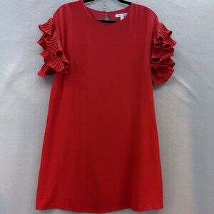 She+Sky Classic Accordion Pleated Double Ruffle SZ Large Bright Red Dress NWT‎